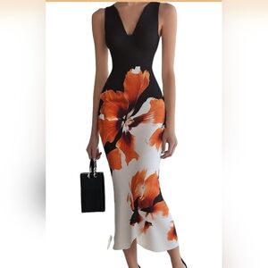 Black & White Floral Bodycon Maxi Dress with Orange Blooms